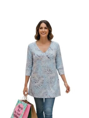 Clara Sun Woo - NWT Turquoise Tunic W/ White & Navy Blue Floral Design, V-Neck